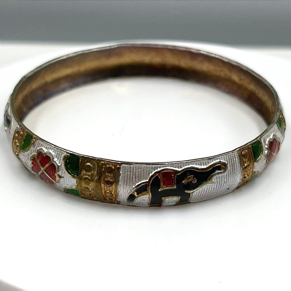 Vintage Gold Tone Flat Mesh Bangle Bracelet Elephant Floral Enamel Bohemian Gift